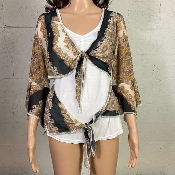 Zone Bleue Paris white with scarf print double tie front bell sleeves blouse S - Picture 3 of 7